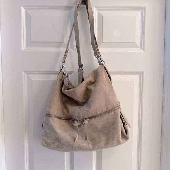 Donald Pliner tan silver hobo bag tote purse suede - Picture 1 of 15